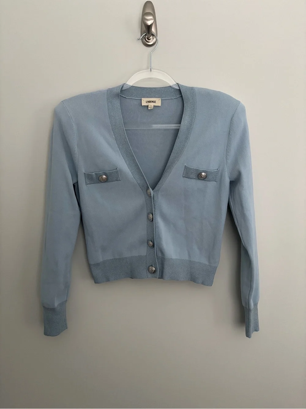 L’Agence Taya Light Blue V-Neck Button Cropped Cardigan Sweater size M